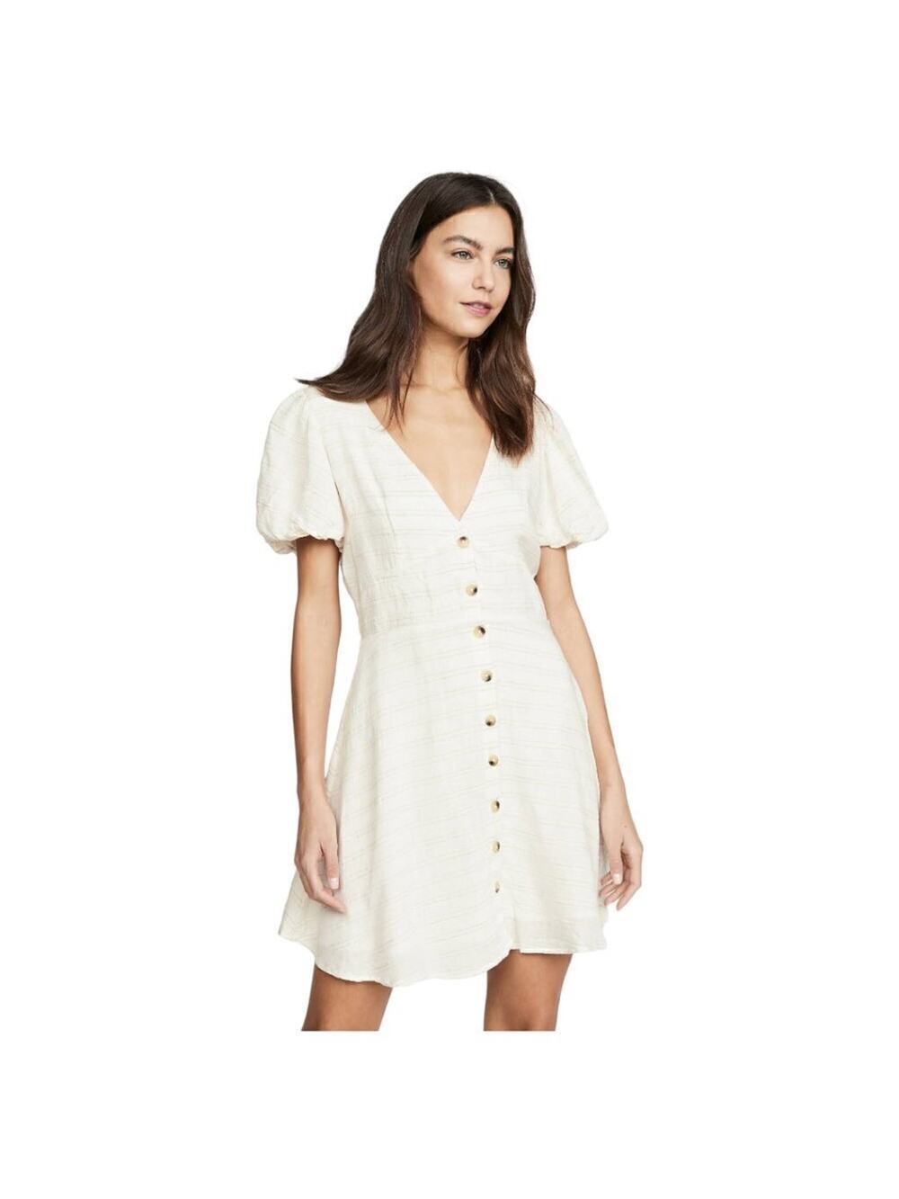 L*Space Cream Short Sleeve Textured Fabric V-Neck Button Down Sabrina Dress XS